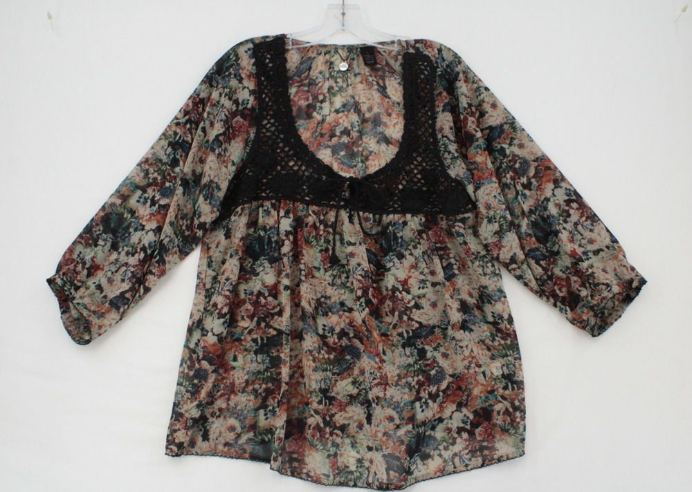 BKE Boho Top Blouse Dark Romantic Floral Crochet Trim Large Western Chic Chiffon